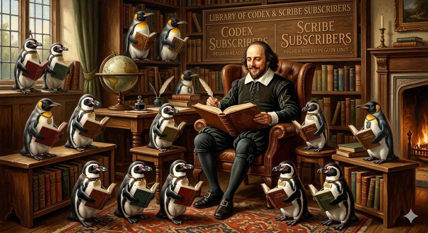 Shakespeare surrounded by penguins reading books — Codex and Scribe subscribers in the Tintaxis library
